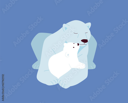 Parents and baby animals. A mother polar bear is sitting with her baby bear in her arms.