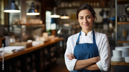 Portrait of female waitress in blue apron at café and restaurant.