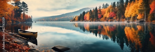 Autumnal Lake Shore With Colorful Rowboats And Reflections. Colorful Rowboats In Autumn, Reflections On Lake Shore, Enjoying Autumnal Weather