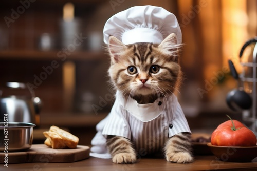Cute Cat Feeling Like A Fancy Chef In A Chefs Hat And Apron. Cats,Fancy Chefs,Aprons,Chef Hats,Adorableness,Kitchen Style,Fashion Statements,Fur Babies