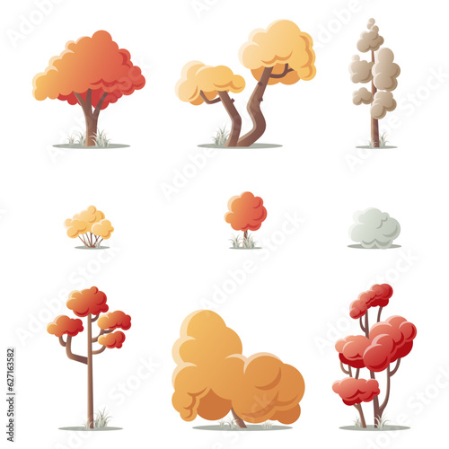 Colorful autumn trees. Cartoon yellow orange fall trees and autumnal garden bush icon with fall season gold leaves for city park and forest landscape 
