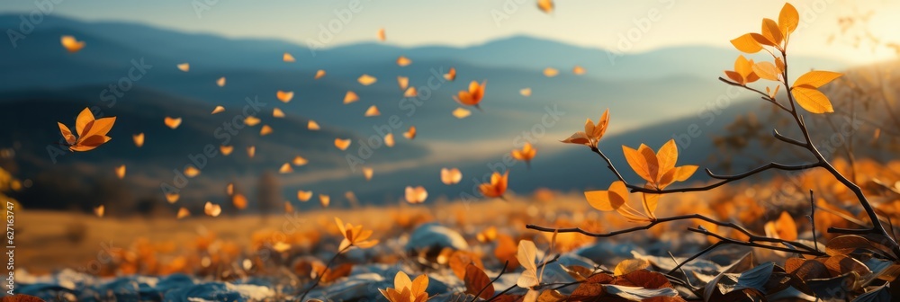 Falling Leaves In A Gentle Breeze Against A Bright Blue Sky. Seasonal Changes Falling Leaves, Gentle Breeze