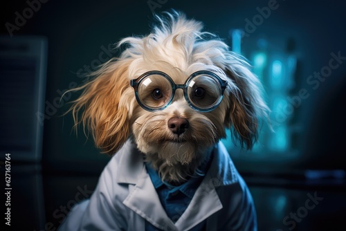 Funny Dog Wearing A Quirky Scientists Lab Coat And Glasses. Funny Dog, Scientist Lab Coat, Quirky Glasses, Adorable Aesthetics, Outfit Goals, Experimenting Furry Friends photo