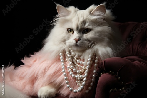 Glamorous Cat Looking Like A Diva In A Fur Stole And Pearls. ,Cats As Fashion Icons,,Fur Stoles As A Fashion Statement,,Pearls As Accessories,,Diva Cats,,Glamorous Cats, photo