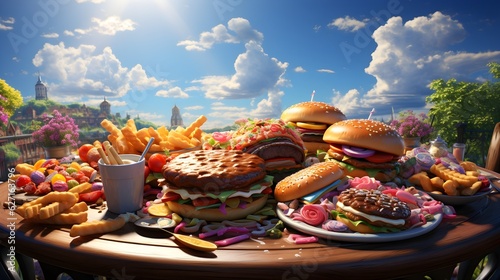 Fast Food Feast Extravaganza: Mouthwatering 3D Illustration of Classic Favorites