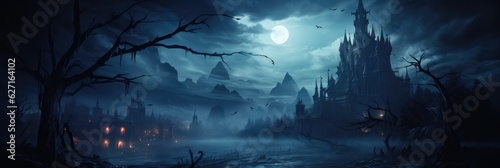 Fotografia Ominous Full Moon Rising Over A Haunted Castle Halloween