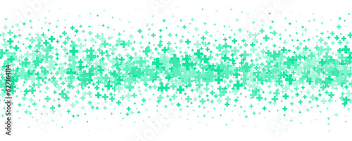 Medical cross and plus background. Abstract seamless turquoise background for hospital and pharmacy. Geometrical shapes ornament on border. Vector backdrop