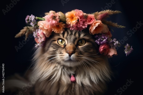 Playful Cat With A Flower Crown, Embracing The Boho Style. Cat Love, Flower Crowns, Boho Style, Freespirit Fashion, Playful Pets, Cats Fashion Trends