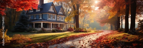 Quaint Country House Surrounded By Fall Colors. Country Living Bliss, Vivid Fall Landscapes, Rustic Charm Of The Home, Secluded Location, Relaxing Getaway