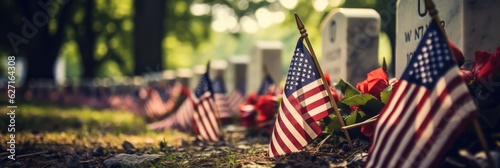 A Row Of American Flags Sitting Next To A Grave. Honoring Our War Heroes, American Flag Symbolism, Memorial Day Traditions, Importance Of Flags At Cemeteries