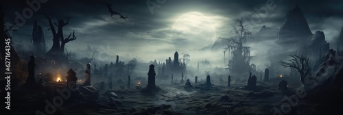 Spooky Graveyard With Fog Rolling In Halloween. Haunted Graveyard Atmosphere, Foggy Halloween Night, Creepy Tombstones Monuments, Awaiting Spirits photo