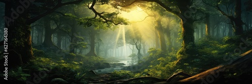 Sunlight Streaming Through A Dense Forest Canopy, Creating A Magical Ambiance.Sunlight In Forests, Magical Ambiance, Dense Forest Canopies, Treefiltered Light,