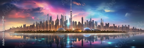 Vibrant City Skyline At Twilight, Lit Up With Dazzling City Lights. Luxury Cityscapes, Urban Living From Above, Captivating Nighttime Views, Electric Atmosphere