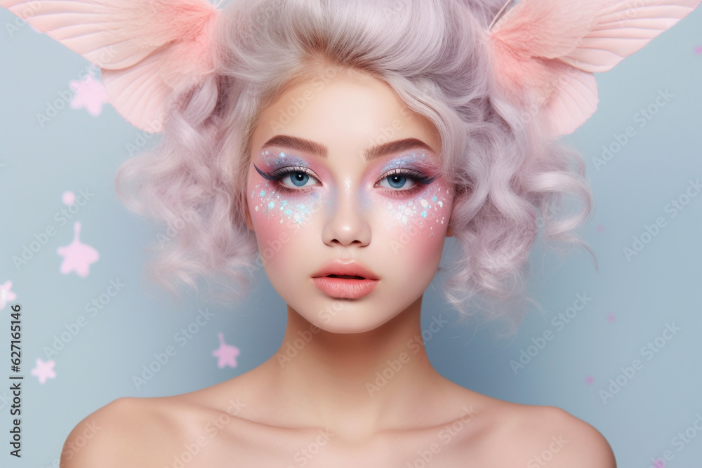 Portrait of woman with Halloween fairy costume makeup on pastel colored background