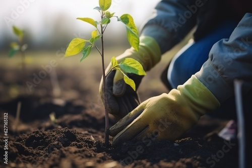 Person planting young tree, closeup on hands and plant. Generative AI