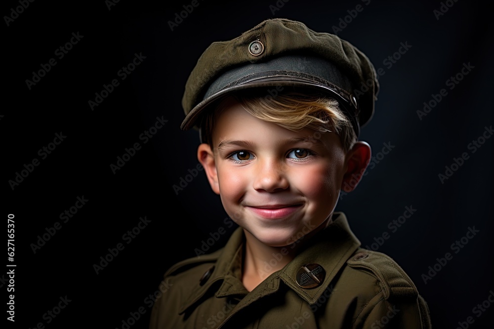 Portrait of a cute little boy in military uniform on dark background.Generative Ai Portrait of a cute little boy in military uniform on dark background.Generative Ai