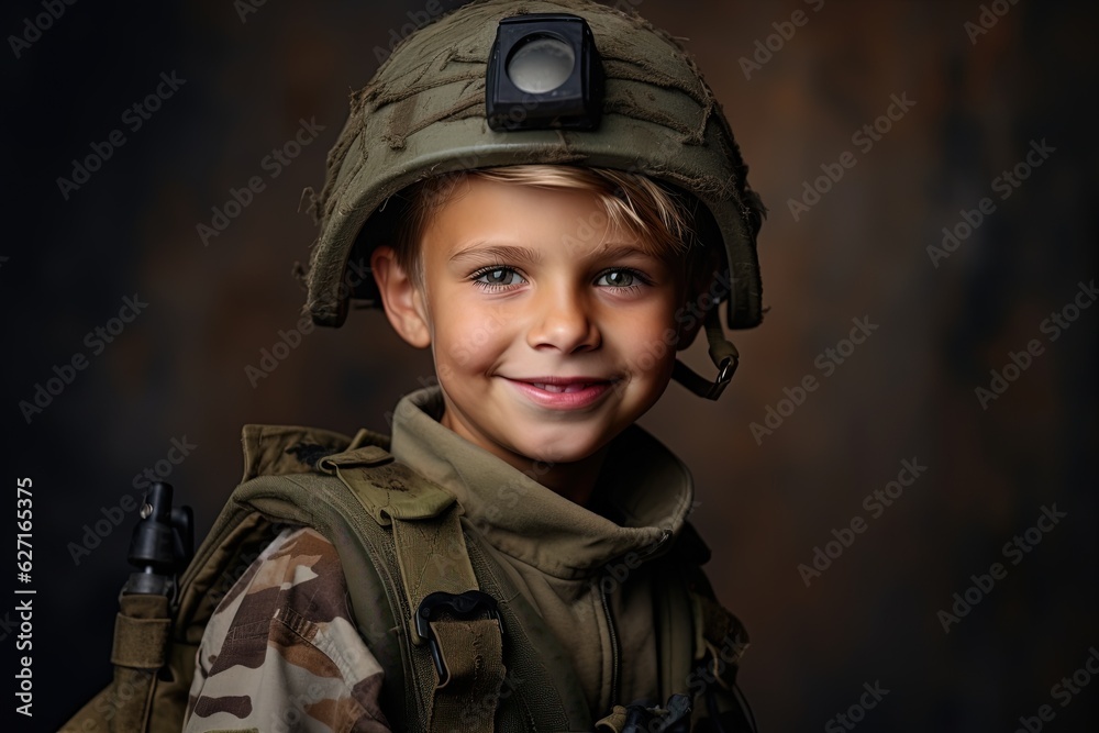 Portrait of a cute little boy in military uniform on dark background.Generative Ai Portrait of a cute little boy in military uniform on dark background.Generative Ai