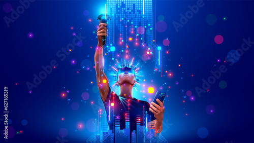 VR video game gamer with 3d gamepad, virtual reality headset glasses in cyberspace of metaverse. Man look at up, holds above his head AR VR controller of computer video games. Digital entertainment.