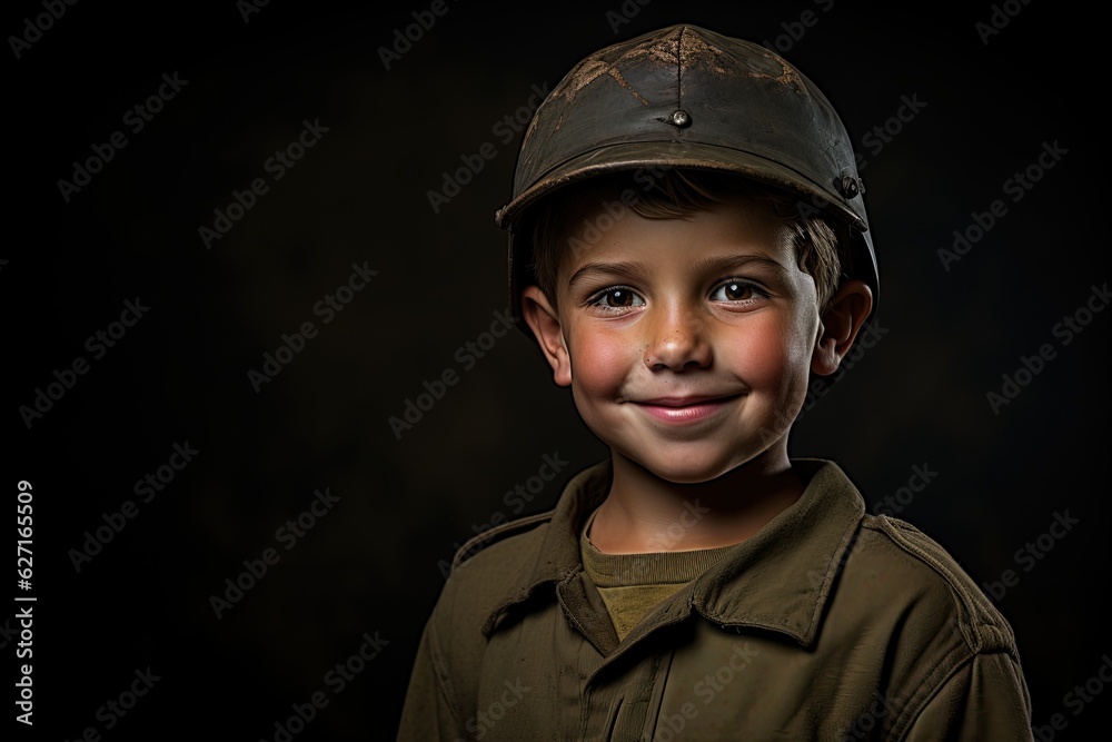 Portrait of a cute little boy in military uniform on dark background.Generative Ai Portrait of a cute little boy in military uniform on dark background.Generative Ai