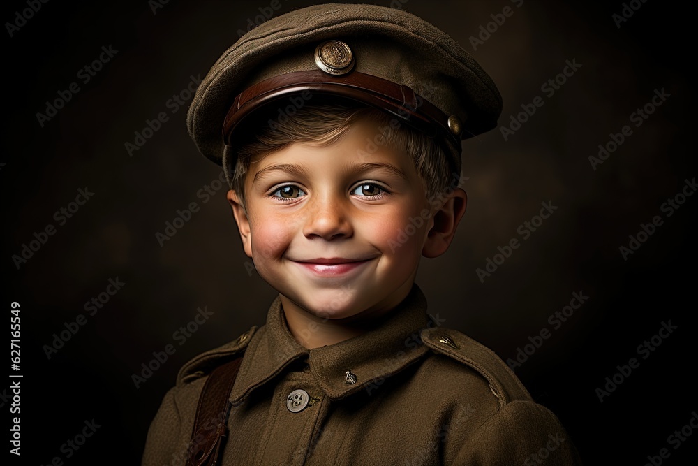 Portrait of a cute little boy in military uniform on dark background.Generative Ai Portrait of a cute little boy in military uniform on dark background.Generative Ai