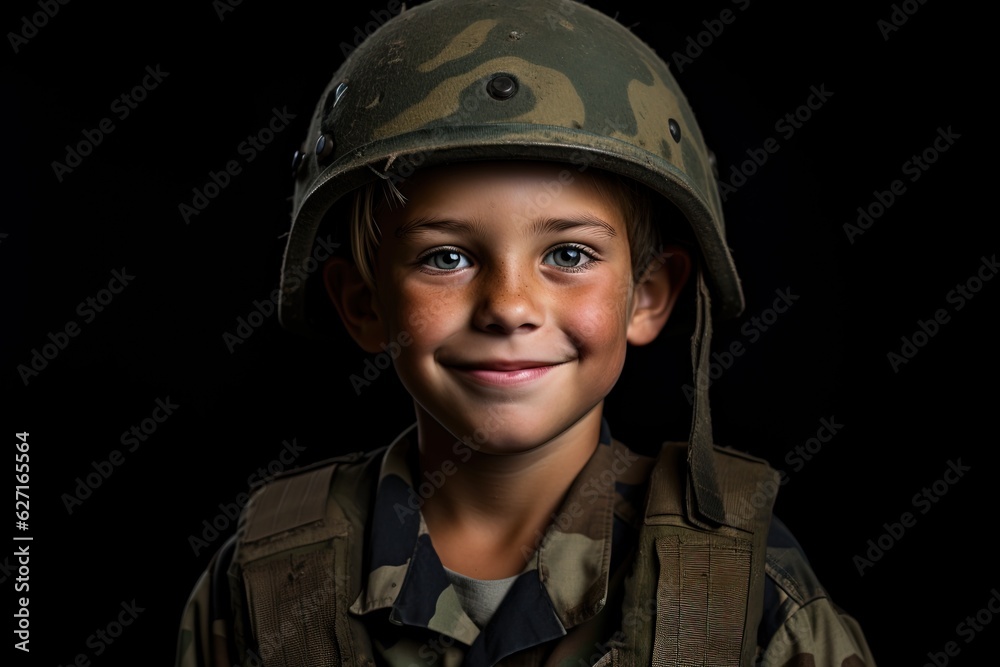 Portrait of a cute little boy in military uniform on dark background.Generative Ai Portrait of a cute little boy in military uniform on dark background.Generative Ai
