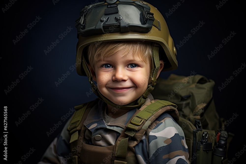Portrait of a cute little boy in military uniform on dark background.Generative Ai Portrait of a cute little boy in military uniform on dark background.Generative Ai