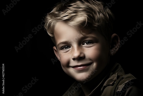 Portrait of a cute little boy in military uniform on dark background.Generative Ai