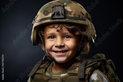 Portrait of a cute little boy in military uniform on dark background.Generative Ai © Rudsaphon