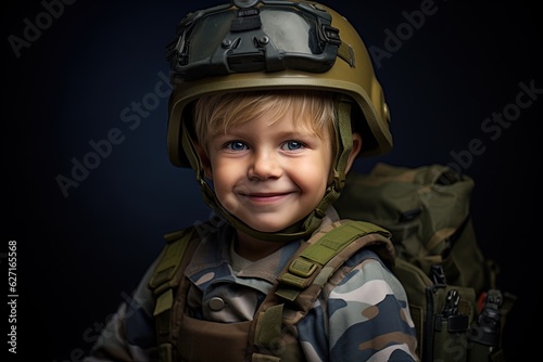 Portrait of a cute little boy in military uniform on dark background.Generative Ai © Rudsaphon