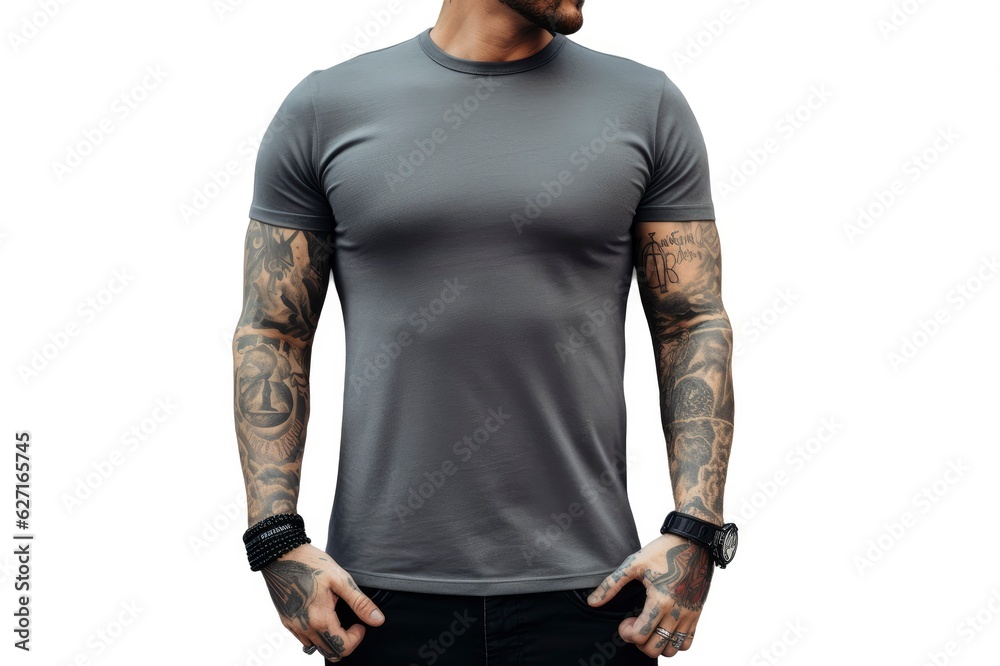 Handsome young man wearing a gray army casual t-shirt. Front view of a mockup t-shirt for design print, Generative AI Handsome young man wearing a gray army casual t-shirt. Front view of a mockup t-shirt for design print, Generative AI