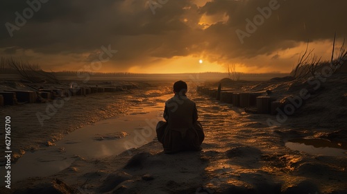 man sitting in ground with sunset horizon, generative Ai