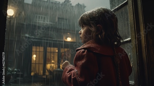 young girl walking in city street during raining, Generative Ai not real person photo
