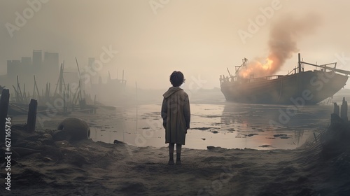 young boy walking in waseland, Generative Ai photo