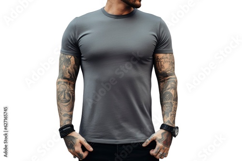Handsome young man wearing a gray army casual t-shirt. Front view of a mockup t-shirt for design print, Generative AI