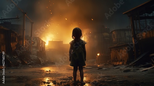 close up portrait of young girl walking on war ramnant area, Generative Ai photo