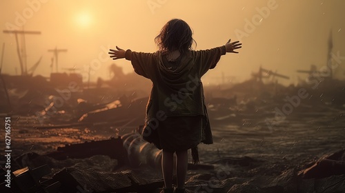 close up portrait of young girl walking on war ramnant area, Generative Ai photo