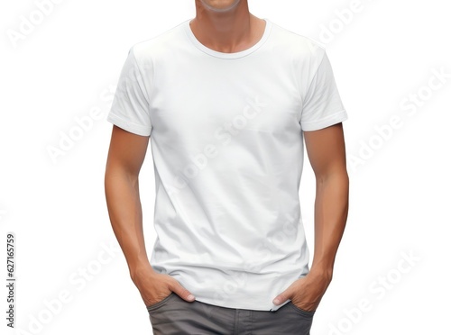 Handsome young man wearing a white casual t-shirt. Front view of a mockup t-shirt for design print, Generative AI