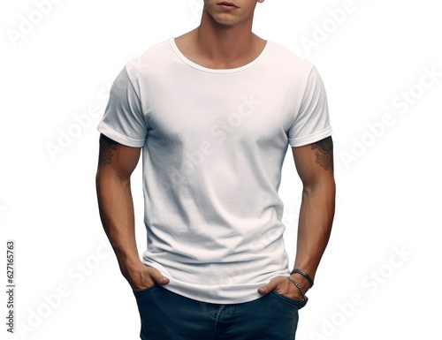 Handsome young man wearing a white casual t-shirt. Front view of a mockup t-shirt for design print, Generative AI