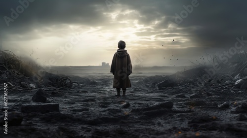 young boy walking in waseland, Generative Ai photo