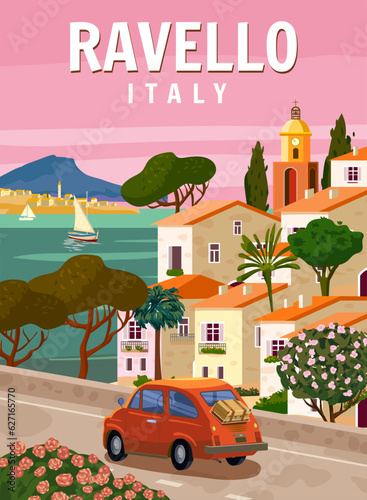 Retro Poster Italy, Ravello resort, Amalfi coast. Road retro car, mediterranean romantic landscape, mountains, seaside town, sailboat, sea. Retro travel poster