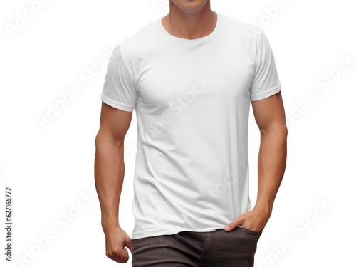 Handsome young man wearing a white casual t-shirt. Front view of a mockup t-shirt for design print, Generative AI