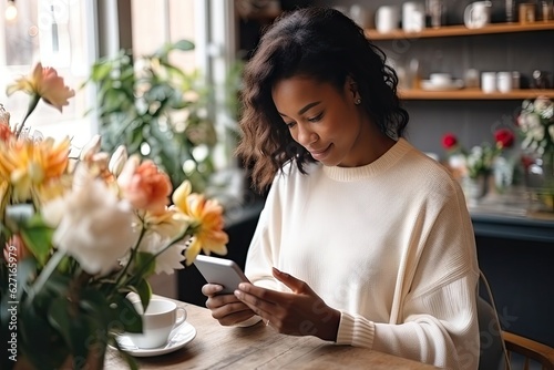 a beautiful young woman using her phone in the cafe