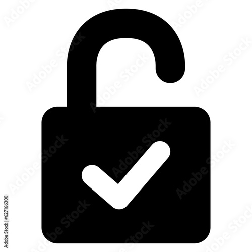 Black filled unlock successful icon, simple release lock approved flat design pictogram vector for app ads web banner button ui ux interface elements isolated on white background
