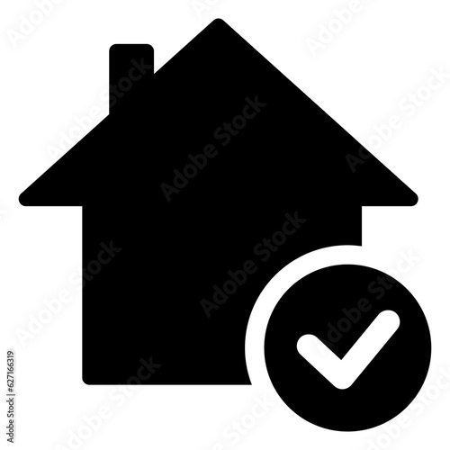 Black single mortgage approval icon, simple house with checkmark flat design svg pictogram, infographic svg for app logo web website button ui ux interface elements isolated on white background