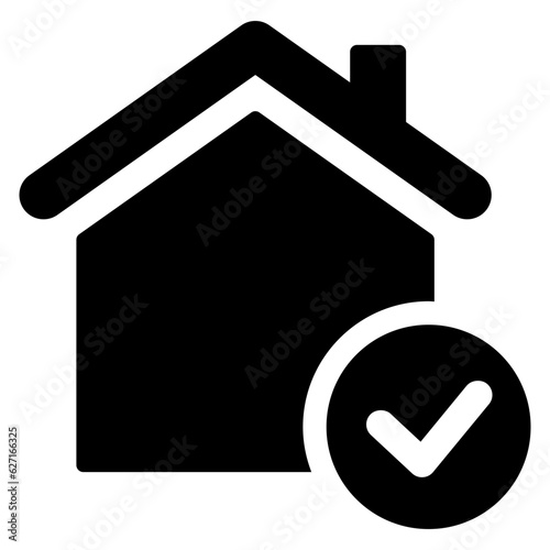 Black single mortgage approval icon, simple house with checkmark flat design svg pictogram, infographic svg for app logo web website button ui ux interface elements isolated on white background