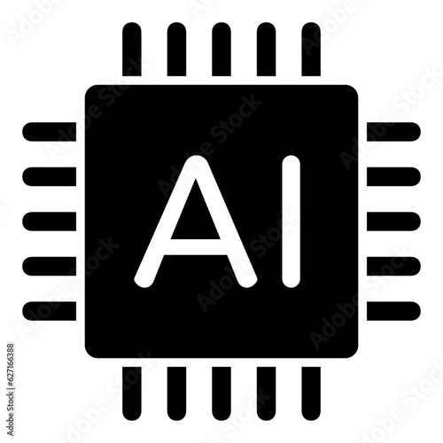 Black single AI Brain artificial intelligence chip icon, simple technology concept flat design pictogram vector for app ads web banner button ui ux interface elements isolated on white background