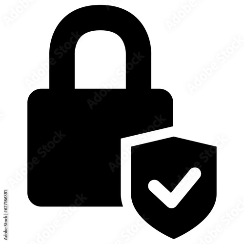 Black filled lock wth check mark icon, simple successful protection flat design pictogram vector for app ads web banner button ui ux interface elements isolated on white background