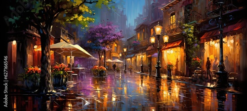 painting style illustration, beautiful restaurant un urban street side in after raining atmosphere, Generative Ai photo
