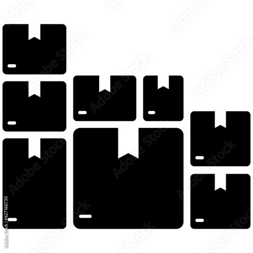 Black pile of stacked sealed goods cardboard boxes icon, boxes storage flat design illustration, pictogram vector for app ads web banner button ui ux interface elements isolated on white background