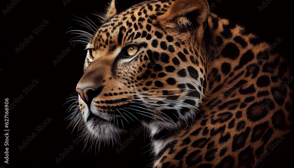 Obraz premium Close up Portrait of a leopard, Portrait of leopard on black background, Ai generated image 